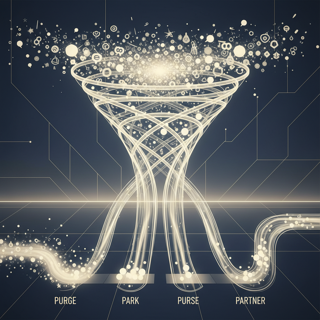 A funnel diagram showing ideas flowing in and being sorted into Purge, Park, Pursue, and Partner categories.