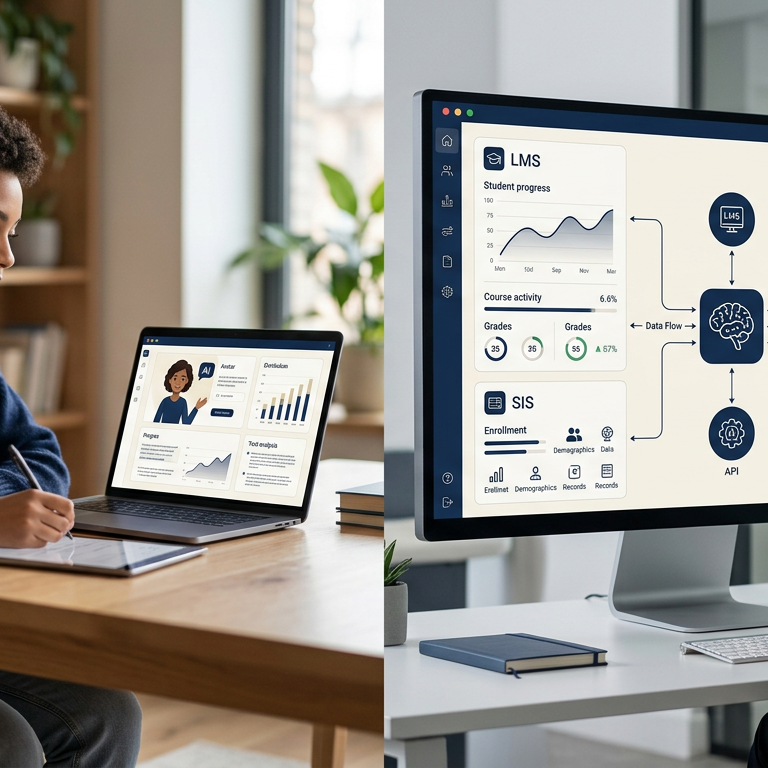 Side-by-side illustration of an AI tutor helping a learner and an AI orchestrator routing tasks across systems