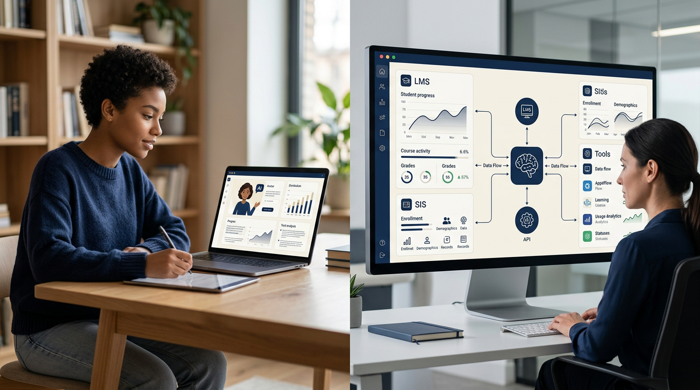 Side-by-side illustration of an AI tutor helping a learner and an AI orchestrator routing tasks across systems