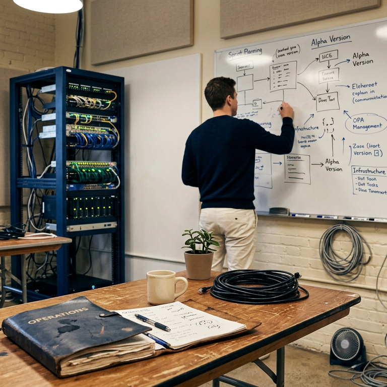 A small, early-stage office with folding tables, server gear, whiteboards, and binders—where industry foundations quietly form