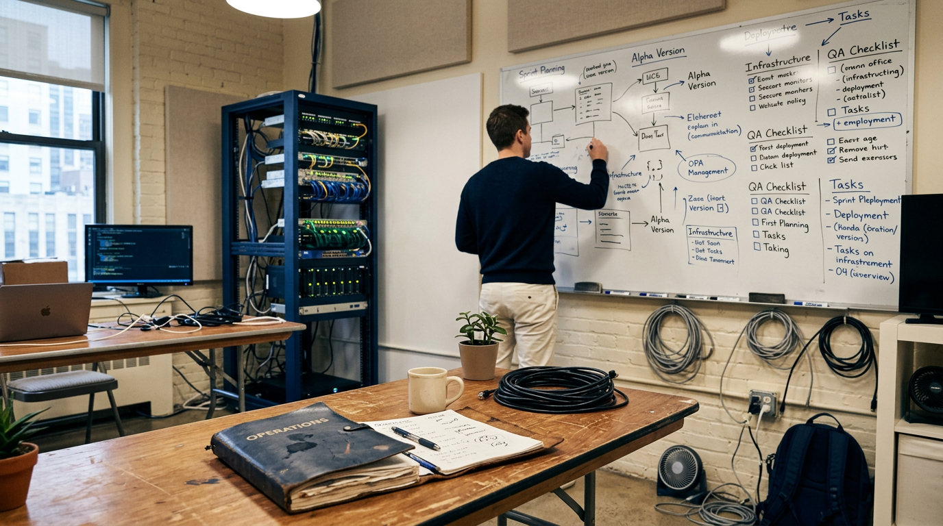 A small, early-stage office with folding tables, server gear, whiteboards, and binders—where industry foundations quietly form