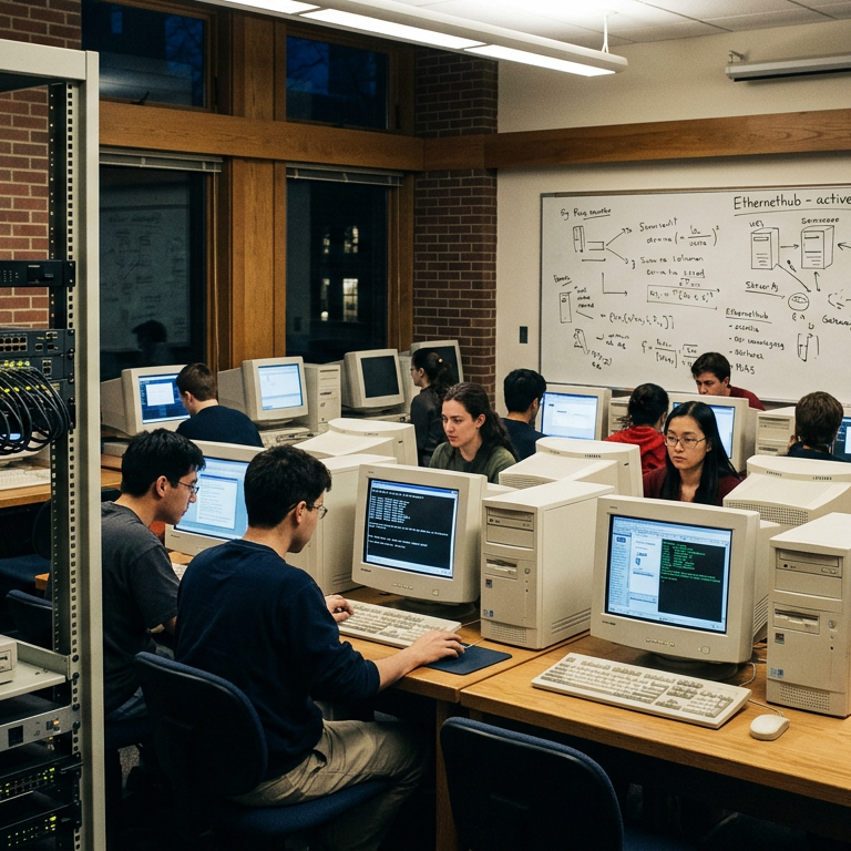 Cornell 1997 computer lab with beige PCs, a campus web server rack, and a professor’s course notes