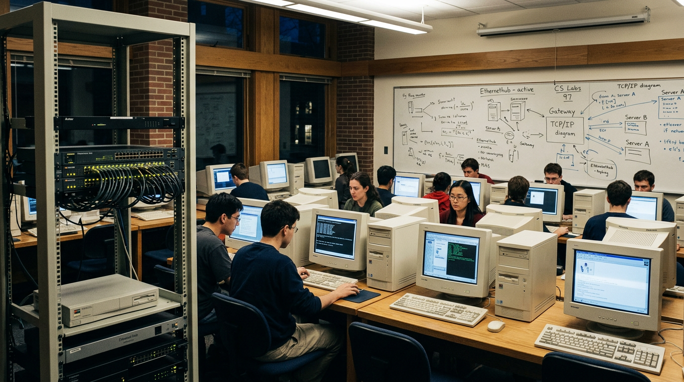 Cornell 1997 computer lab with beige PCs, a campus web server rack, and a professor’s course notes