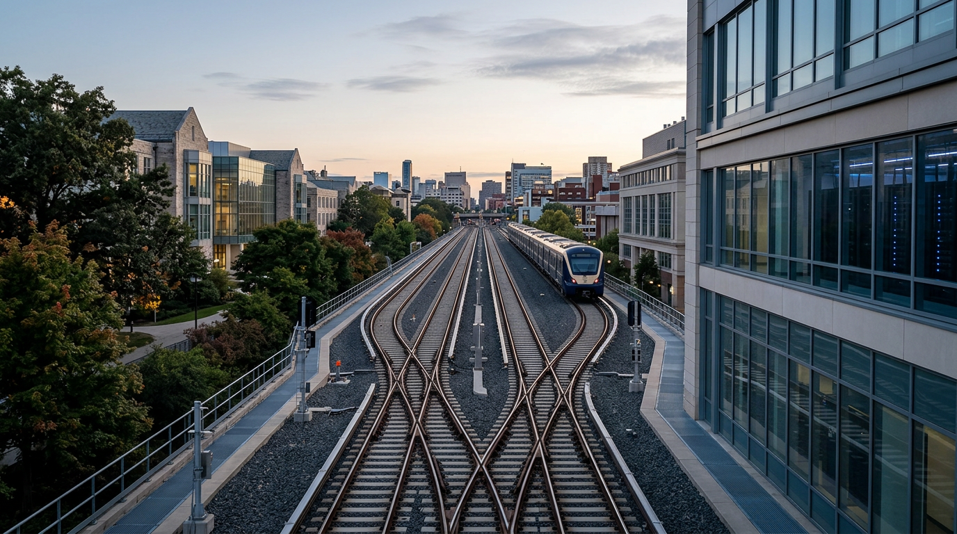 A split railway corridor symbolizing Common Cartridge, SCORM, and LTI setting rails that LMS platforms still follow today