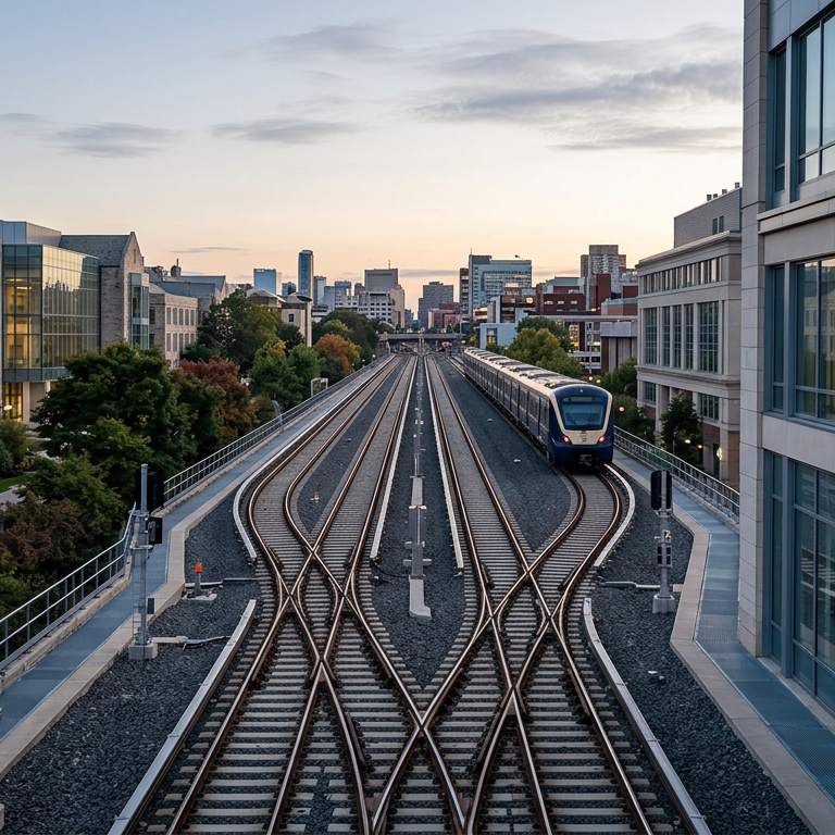 A split railway corridor symbolizing Common Cartridge, SCORM, and LTI setting rails that LMS platforms still follow today