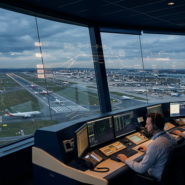 Editorial cover showing a modern control tower overlooking runways and data overlays, symbolizing an LMS coordinating tools, people, time, and policy across learning flows