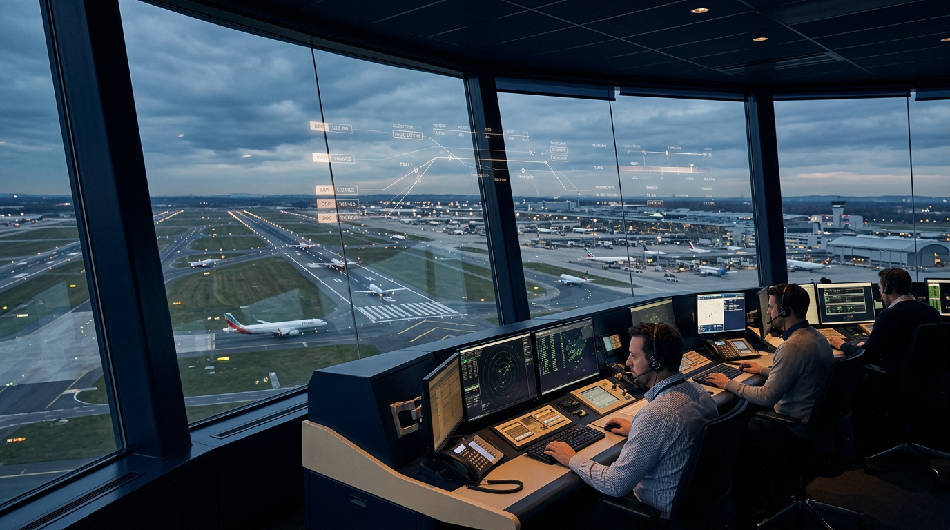 Editorial cover showing a modern control tower overlooking runways and data overlays, symbolizing an LMS coordinating tools, people, time, and policy across learning flows