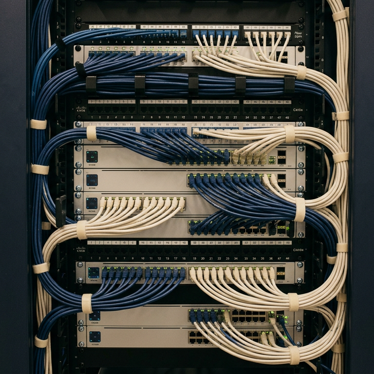 Early 2000s classroom servers and cables evoking the plumbing behind Blackboard Building Blocks integrations