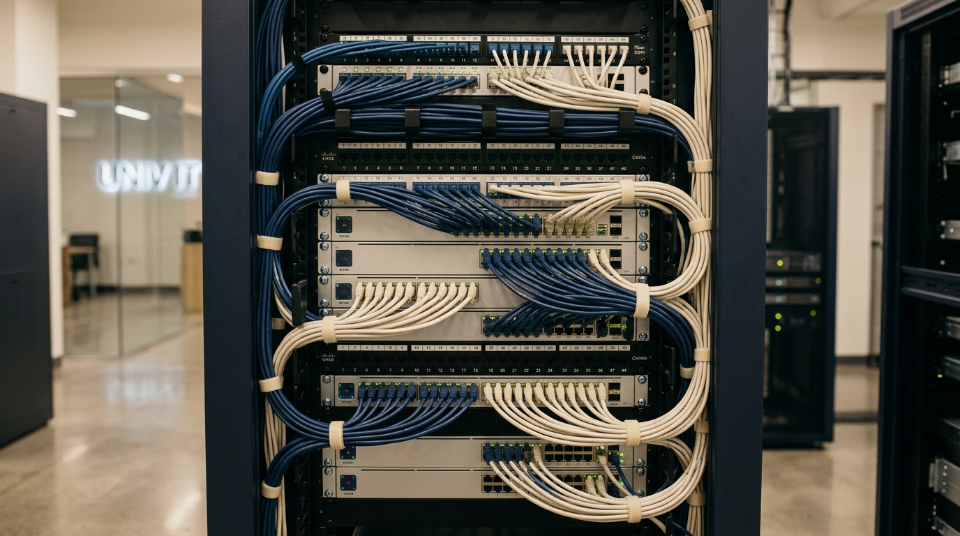 Early 2000s classroom servers and cables evoking the plumbing behind Blackboard Building Blocks integrations