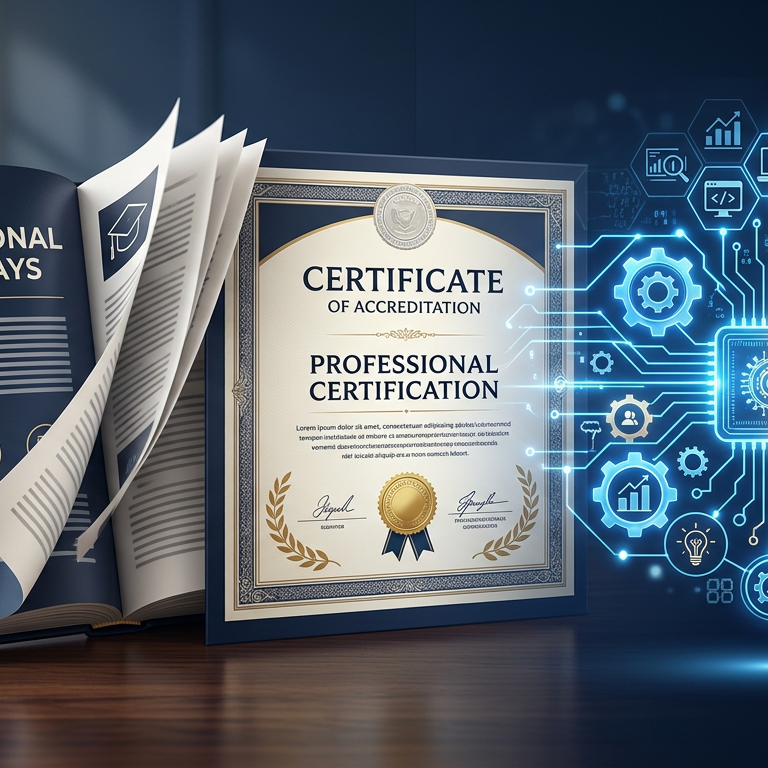 Editorial cover showing a course catalog morphing into a credential and a skills circuit board, in navy and cream
