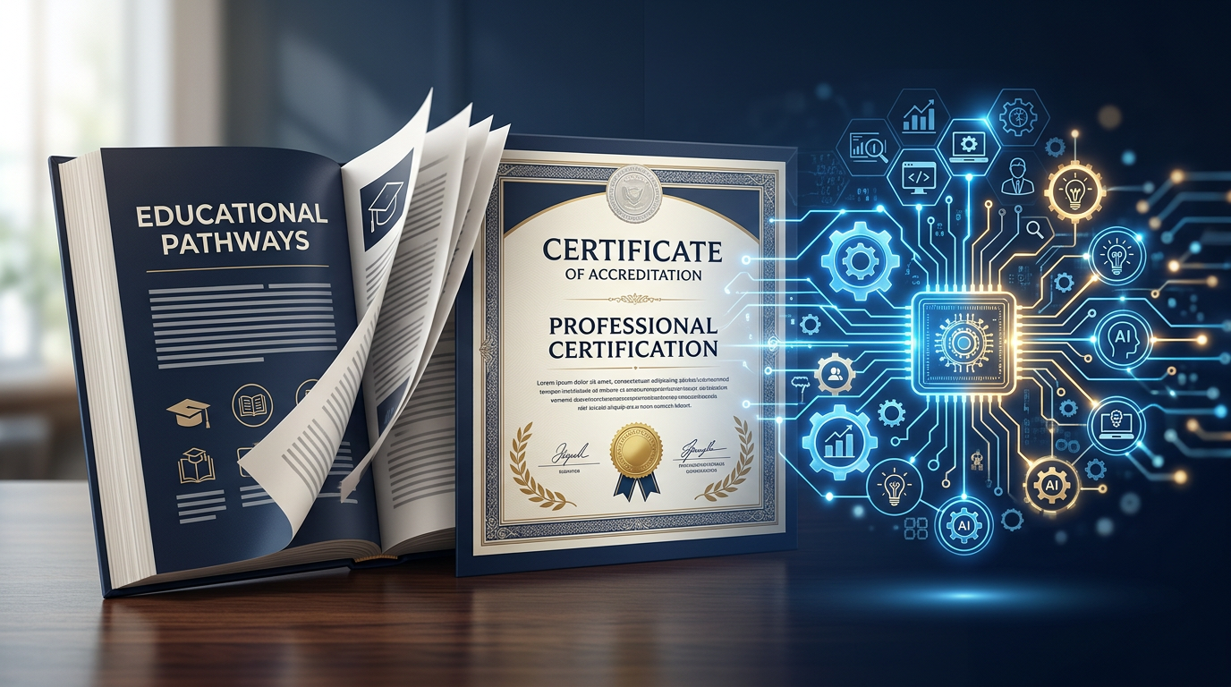 Editorial cover showing a course catalog morphing into a credential and a skills circuit board, in navy and cream
