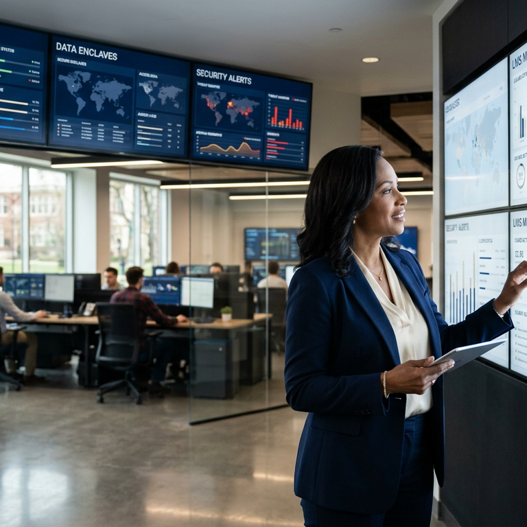 A campus CIO in 2026 studies dashboards for GPU queues, data enclaves, security incidents, LMS load, and cloud spend on a large screen wall