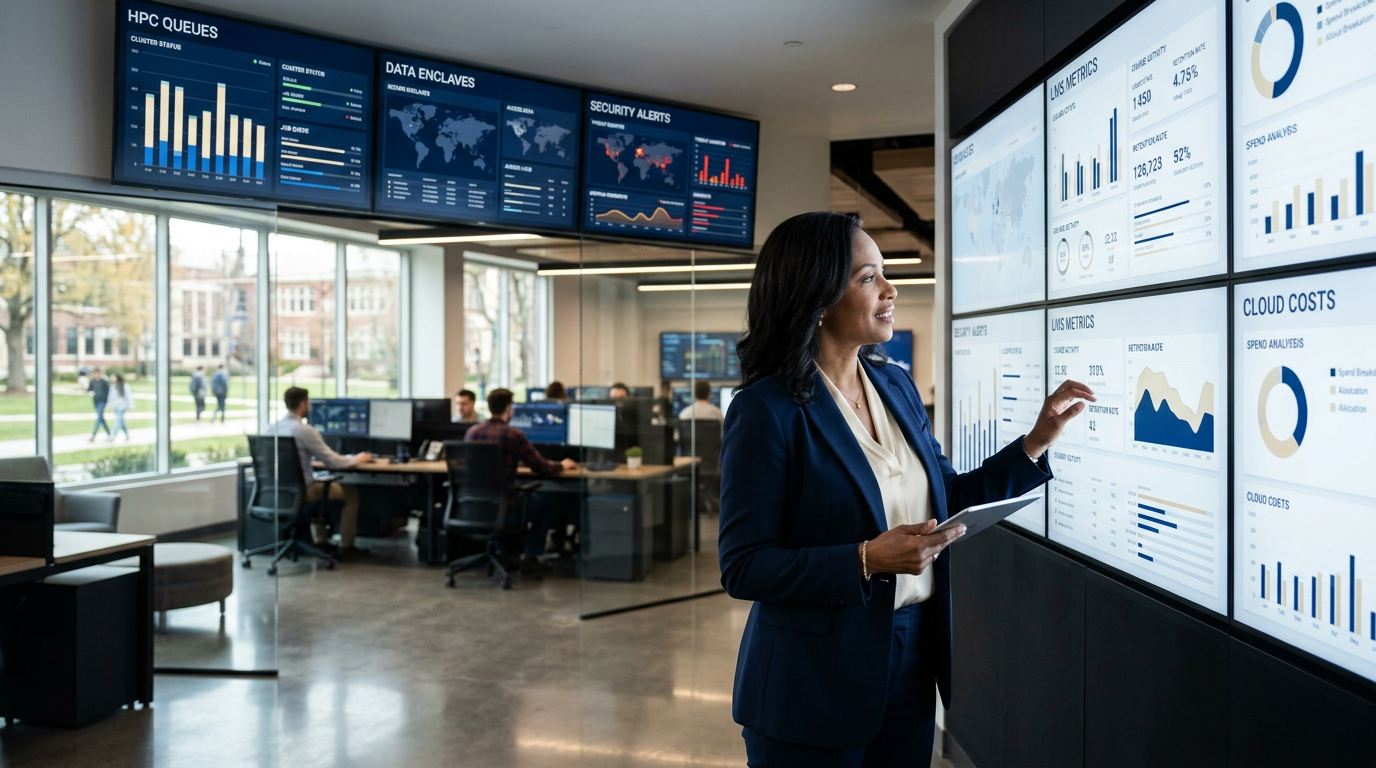 A campus CIO in 2026 studies dashboards for GPU queues, data enclaves, security incidents, LMS load, and cloud spend on a large screen wall