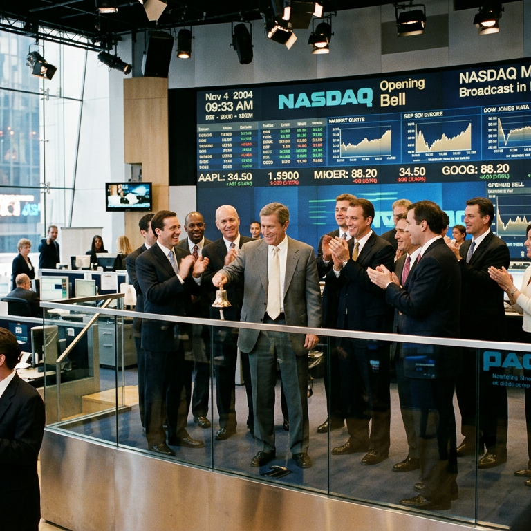 Editorial photograph of NASDAQ market screens with Blackboard’s 2004 BBBB ticker, evoking governance and public-market discipline for edtech founders