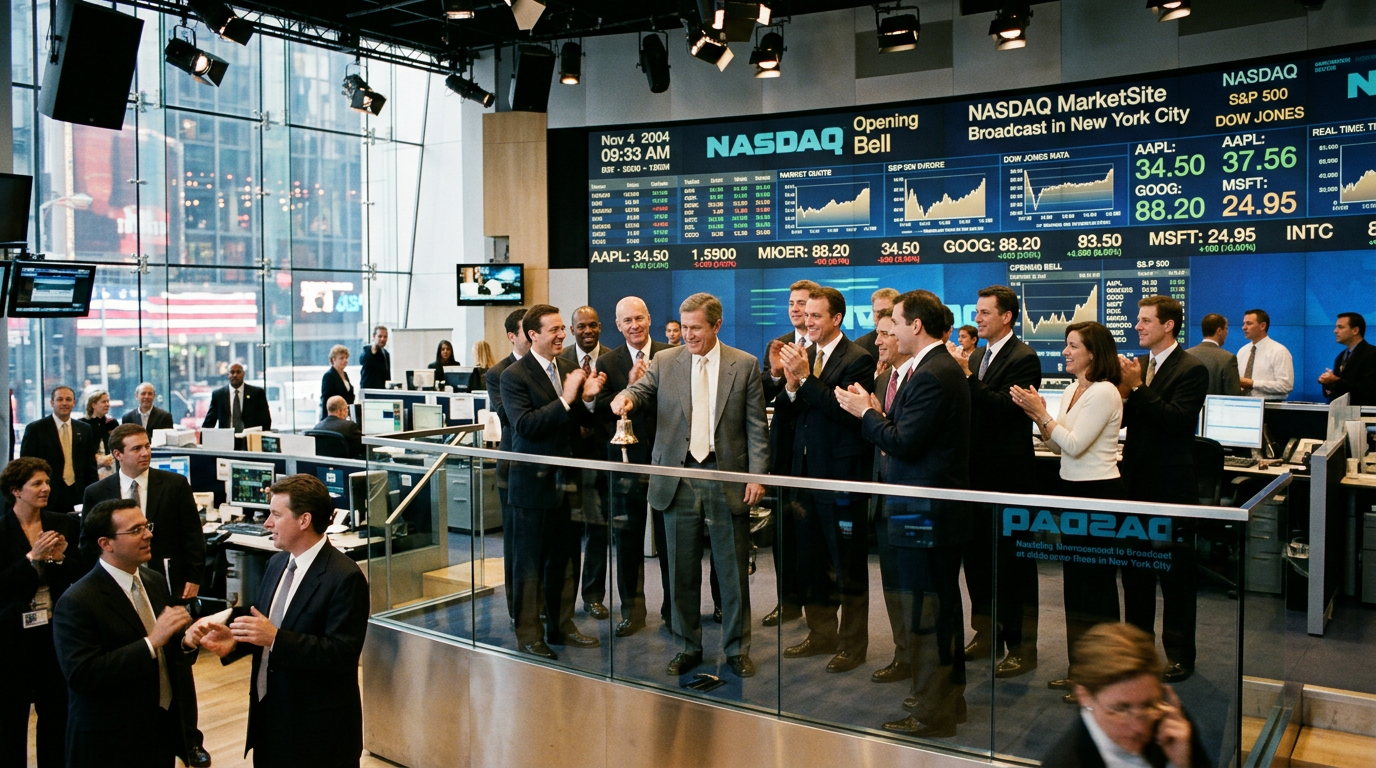 Editorial photograph of NASDAQ market screens with Blackboard’s 2004 BBBB ticker, evoking governance and public-market discipline for edtech founders