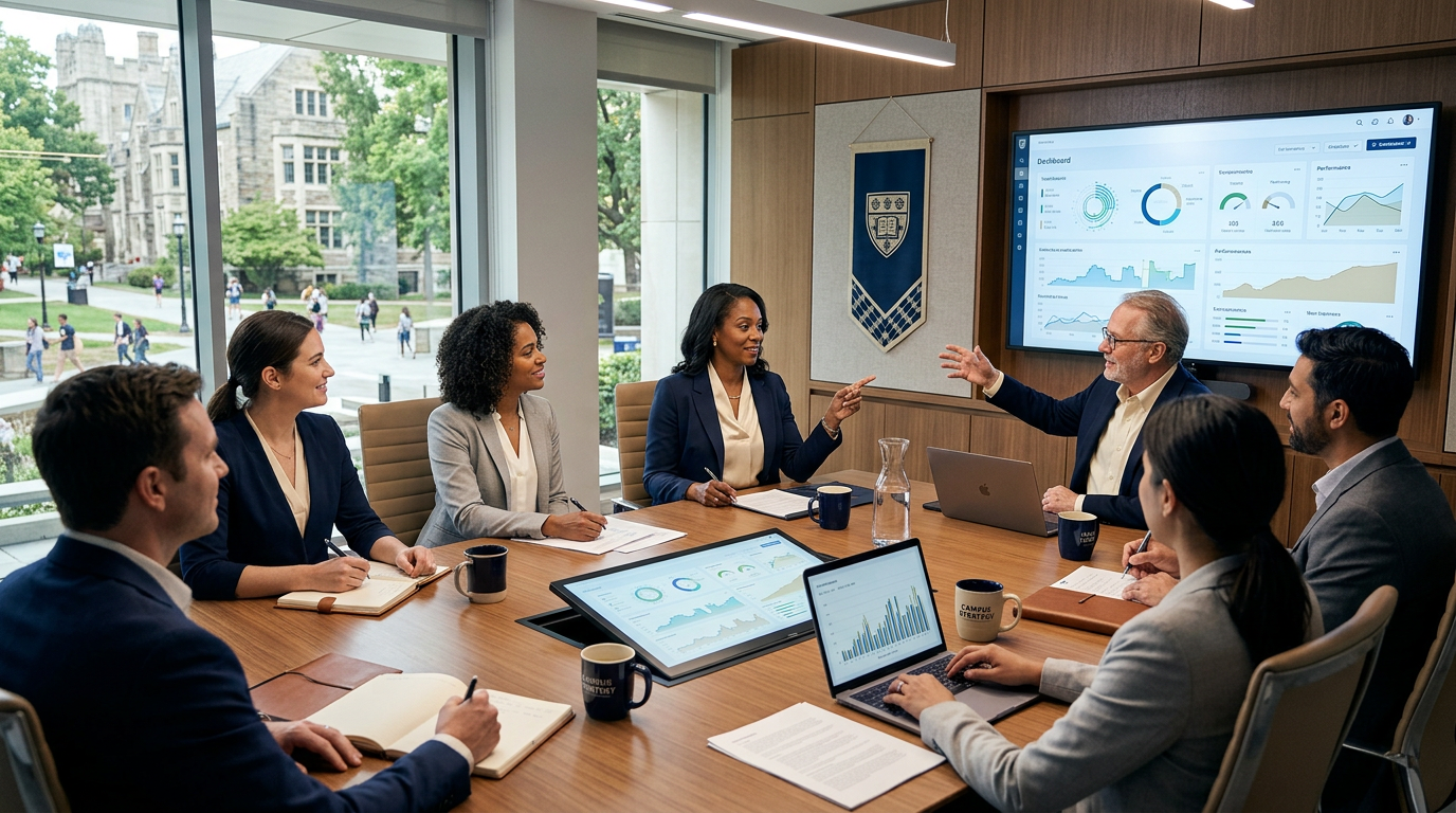 A campus leadership team reviewing curriculum maps and analytics on screens, signaling practice before platforms