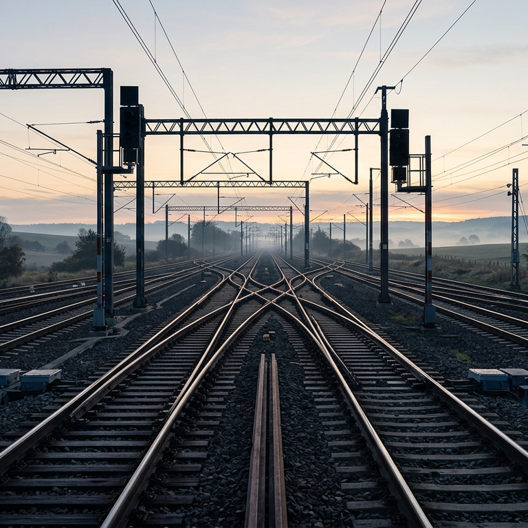 Rail tracks of matching gauge converging at a switchyard, symbolizing education systems aligned by open standards
