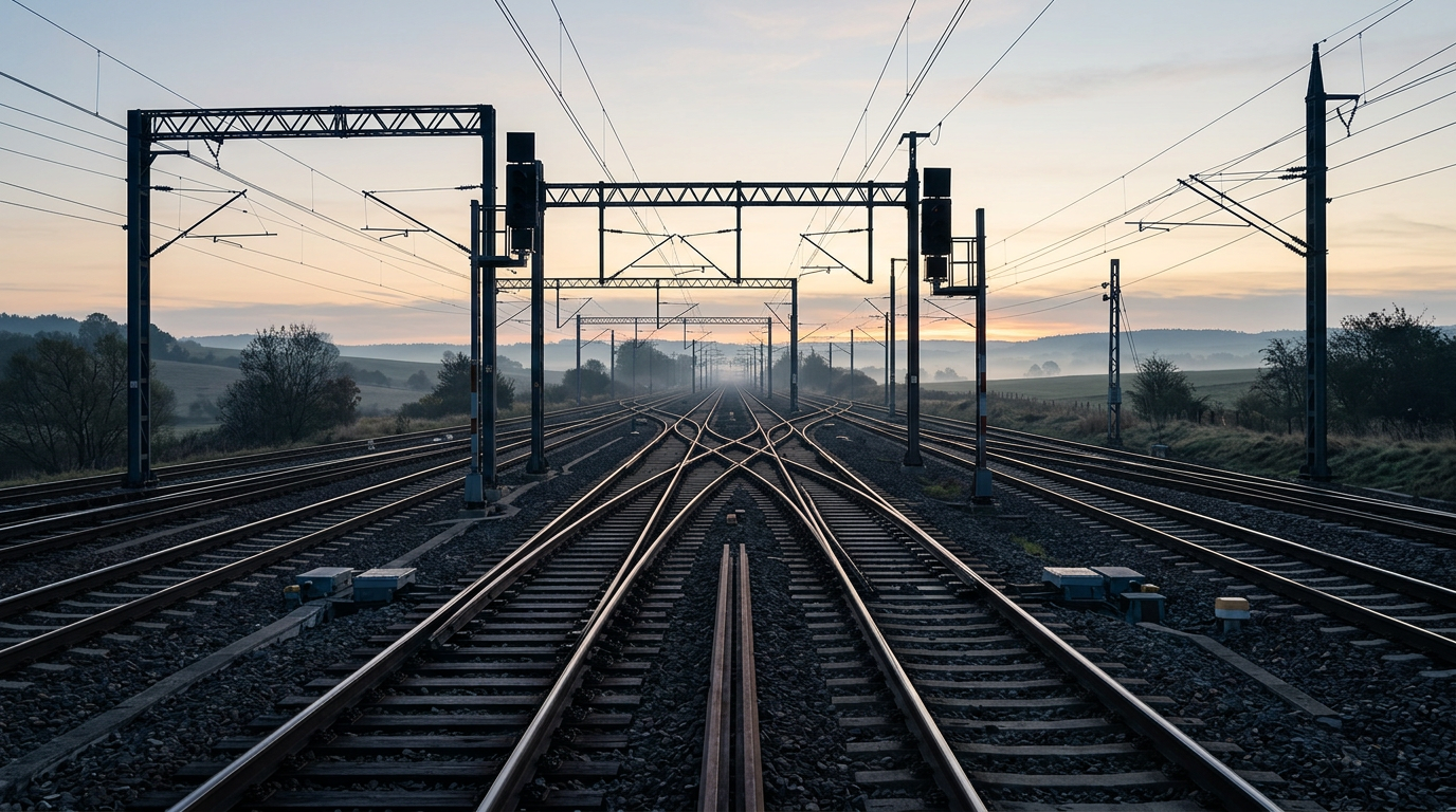 Rail tracks of matching gauge converging at a switchyard, symbolizing education systems aligned by open standards