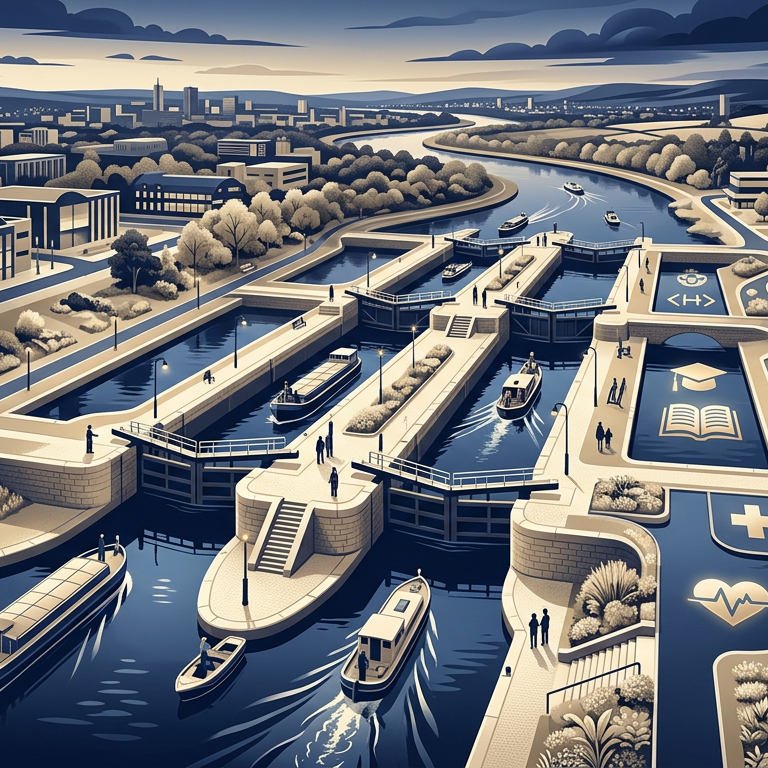 Editorial cover depicting canal locks as a single metaphor for regulated markets shaping cash flow in education and healthcare technology