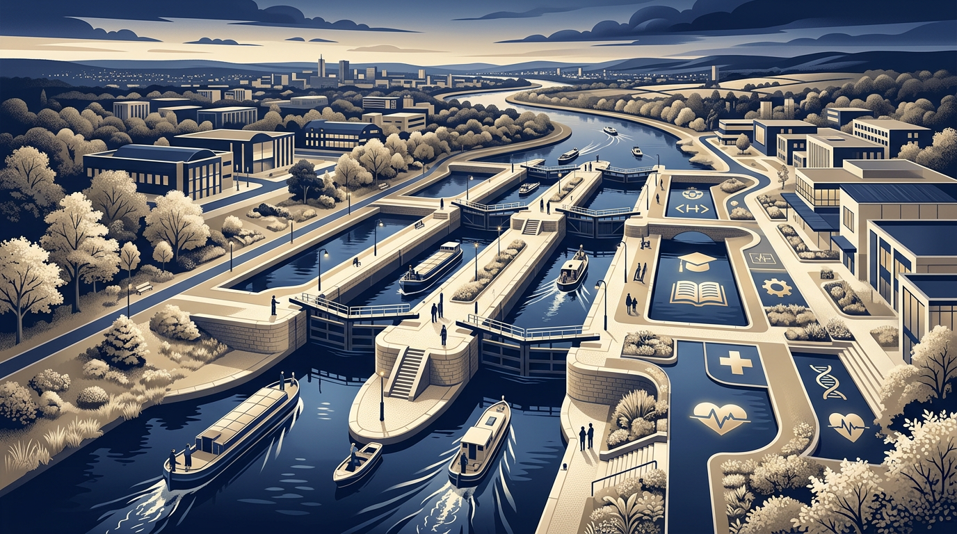 Editorial cover depicting canal locks as a single metaphor for regulated markets shaping cash flow in education and healthcare technology