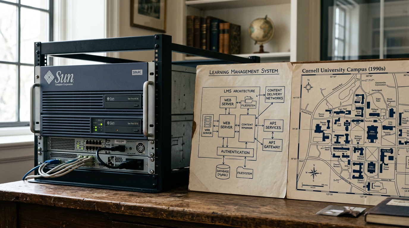 Early Blackboard architecture diagram on a desk beside a Sun server photo and a campus network map