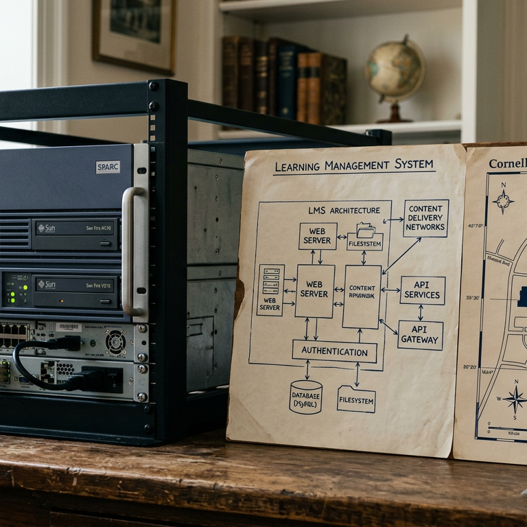 Early Blackboard architecture diagram on a desk beside a Sun server photo and a campus network map