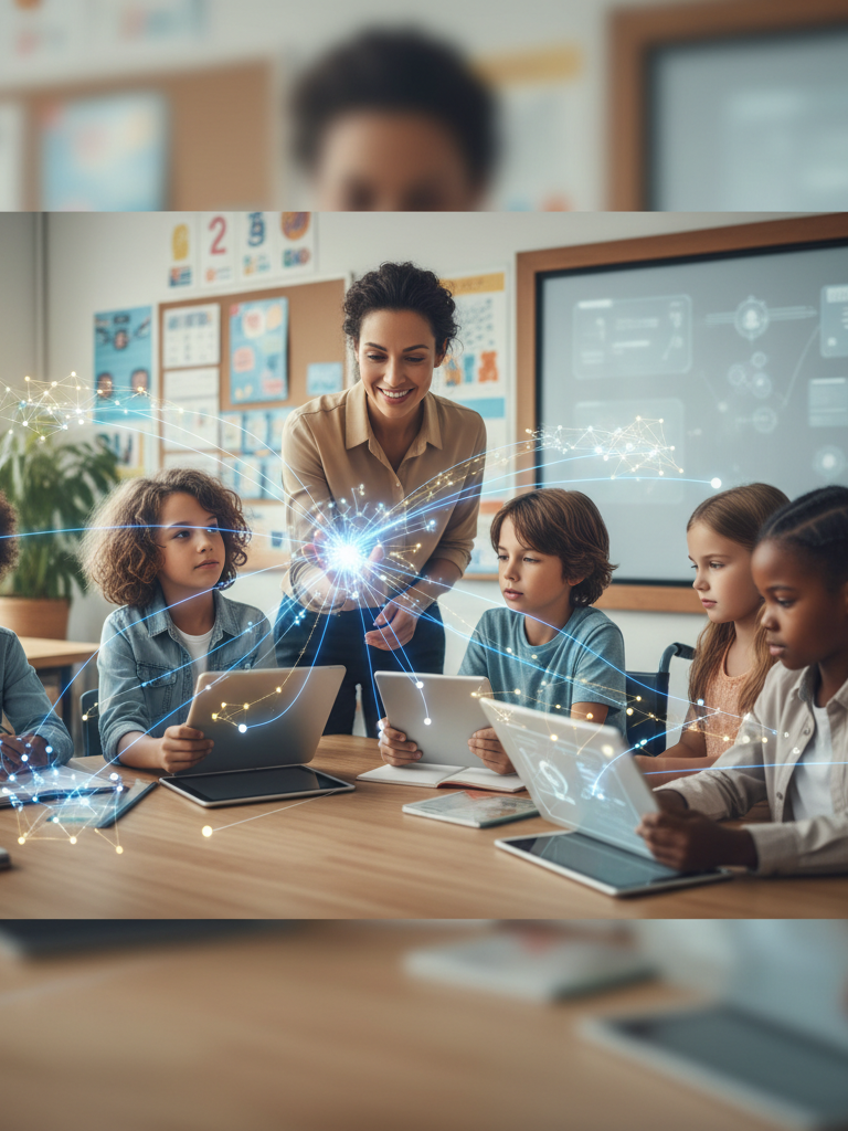 A teacher interacting with students, with subtle AI interface elements overlaid, symbolizing AI as an assistant amplifying human connection and personalized learning rather than replacing it.