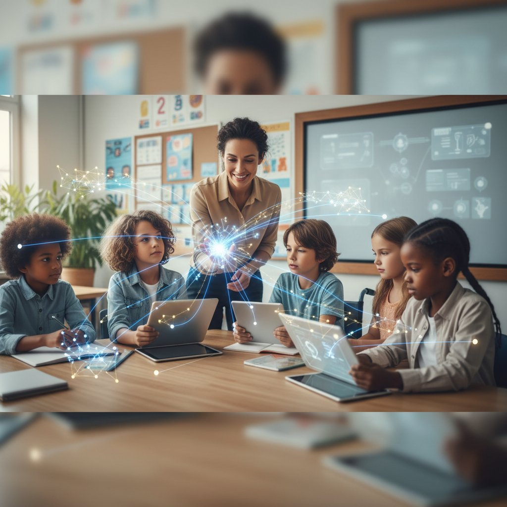 A teacher interacting with students, with subtle AI interface elements overlaid, symbolizing AI as an assistant amplifying human connection and personalized learning rather than replacing it.