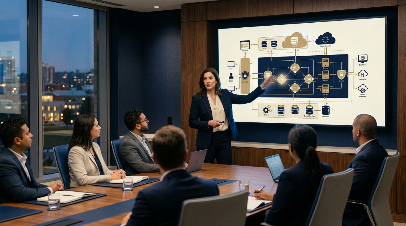 Boardroom and CIO reviewing campus learning systems map with AI oversight notes and policy gaps
