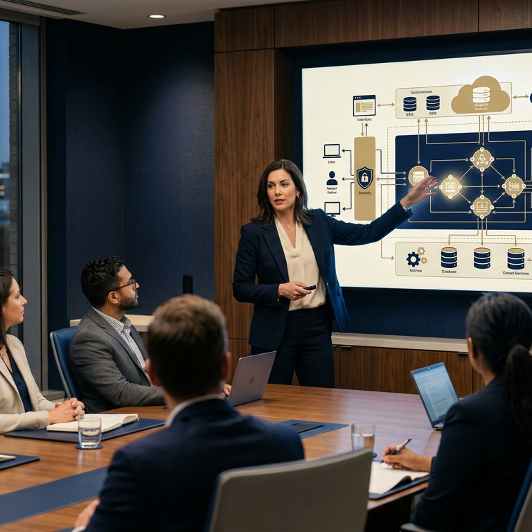 Boardroom and CIO reviewing campus learning systems map with AI oversight notes and policy gaps